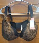 Nwt Cacique Black W/Gold Lace Lightly Lined Full Coverage Sz. 38F Underwire Bra