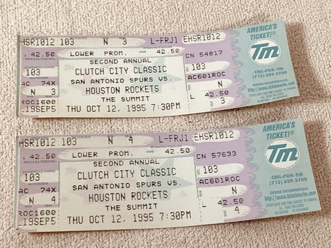 NBA ROCKETS 1995 GAME TICKETS ~ 2 TICKETS ~CLUTCH CITY CLASSIC / SPURS Cover