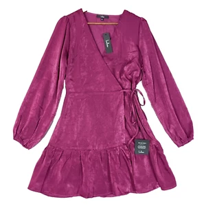 Lulus Wrap Dress Women's Large Purple Satin So Splendid Magenta Ruffled Hem NWT - Picture 1 of 14