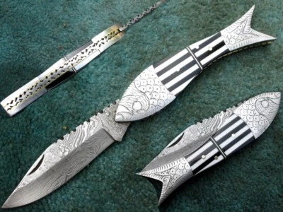 EDC Damascus Steel Folding Knife – Handmade Pocket Blade – Fish Shape Handle - Image 1 of 4