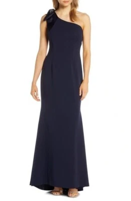 ELIZA J Navy Blue One Shoulder Satin Bow A-Line Stretch Mermaid Gown Dress 6 = S - Image 1 of 4