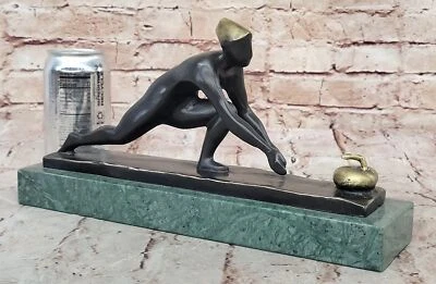 Bronze Curling Player Sculpture – Sports Themed Artwork on Marble Base - Image 1 of 4