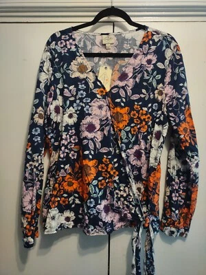 Blusa St. Johns Bay feminina envoltório multicolorida floral manga longa gravata frontal G nova com etiquetas azul - Imagem 1 de 4