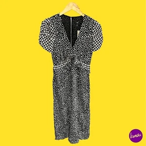 RIVER ISLAND Women's Midi Dress, Puff Sleeve, Open Back, V Neck, Black/White,UK8 - Picture 1 of 7