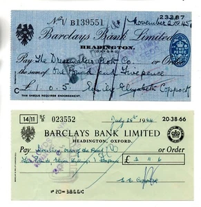 CHEQUE - USED -1940's & 60's -CH87- BARCLAYS BANK, HEADINGTON, OXFORD x 2 - Picture 1 of 1