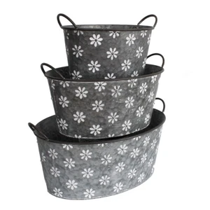 Pflanztopf Blumentopf 3er Set ovale Zinkwannen mit Blumenmuster und Handgriffen - Bild 1 von 6