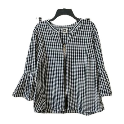 Blusa Anne Klein XL negra/blanca a cuadros manga 3/4 campana cremallera algodón  Foto 1 de 4