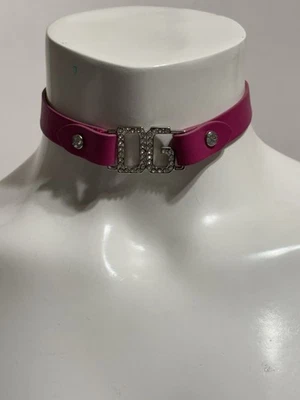 Vtg Dolce & Gabbana Pink Leather Crystal Logo Choker Necklace - Image 1 of 4