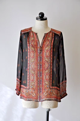 Joie Black Red Silk Georgette Sheer Ethnic Paisley Folk Mosaic Blouse Women XS - Image 1 of 4