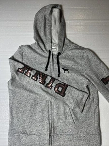 Felpa con cappuccio Victoria's Secret rosa argento ombretto Bling paillettes L grigia zip - Foto 1 di 7