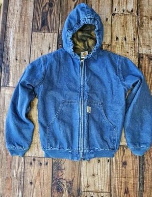 Винтажный Carhartt молодежи Y07 DST синий джинсовой ткани с капюшоном рабочей одежды одеяло с подкладкой размер L  - Изображение 1 из 4