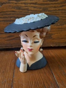 Vintage Napco Lady Head Vase Black Dress & Hat 1958 4.5"inches Tall - Picture 1 of 12