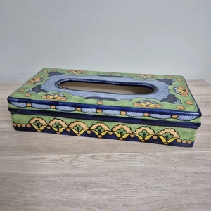 Ceramic Tissue Box Cover Talavera Pottery Mexico Folk Art Hand Painted Green - Picture 1 of 7