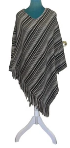 Cejon Poncho Black Gray Tan Multi V-Neck Pullover Asymmetric Hem One Size NWT - Picture 1 of 10