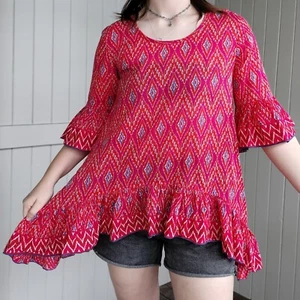 Naudic Womens Blouse Tunic Top Size S 10 Pink Bell Sleeve Batik Tiered Festival - Picture 1 of 7
