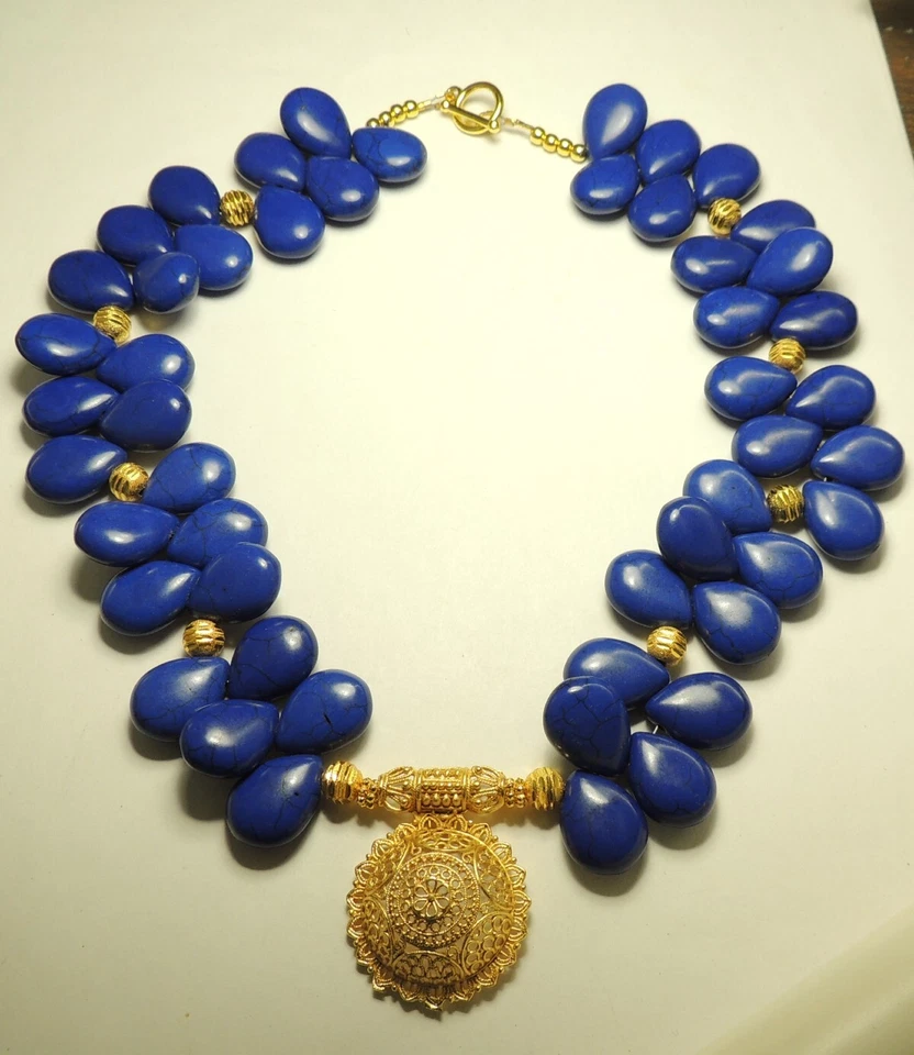 Royal Blue Teardrop Howlite Statement Necklace & Fancy Beads handcrafted Jewelry - Image 1 of 1