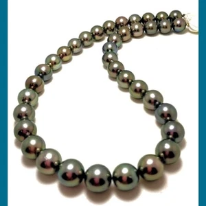 10MM - 12MM Gray/Green Tahitian Pearl Necklace, 14K YellowGold Diamond Clasp 17" - Picture 1 of 4