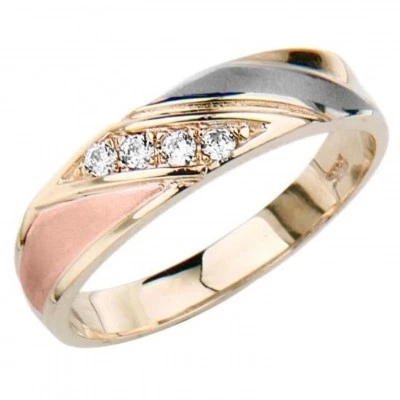 14K Tricolor Solid Gold Men's Women's Prong Set Simulated Diamond Wedding Ring - Image 1 of 2