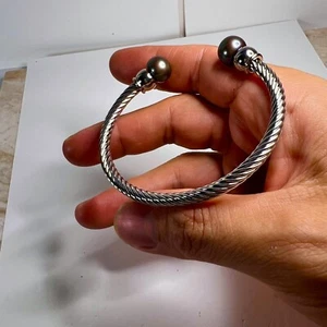 Stainless Steel Black Freshwater Pearl Twisted Cuff Bracelet 19.23g - Picture 1 of 9