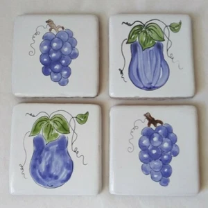 Set Of 4 Tile Fruit Vegetable Grape Eggplant Handmade Painted Mexico Purple - Picture 1 of 22