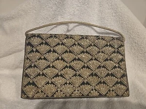 Vintage Zardozi Clutch Gold Silber und Schwarz Bestickt Fächermuster  - Bild 1 von 5