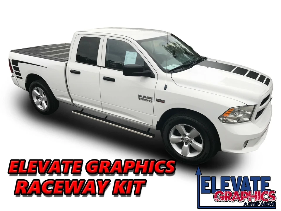 Calcomanías de vinilo con rayas laterales y capó para Dodge Ram 1500 gráficos Raceway 2009-2018 Foto 1 de 4