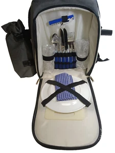 Trail Worthy Picnic Backpack For Two - Insulated - Bottle Holder - Gray - New - Picture 1 of 19