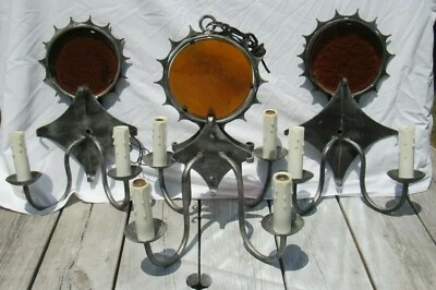 Vintage BRUTALIST Spanish Iron Chandelier Medieval Gothic MCM W/2 Sconce Light - Image 1 of 4