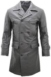 Mens Classic Black Uboat German Naval Military Pea Coat Cowhide Leather Jacket - Picture 1 of 5