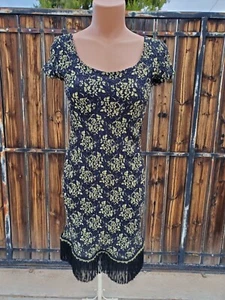 BISOU BISOU VINTAGE SCOOP NECK SLIM FIT STRETCH FRINGED MINI DRESS BLACK/GOLD S - Picture 1 of 6