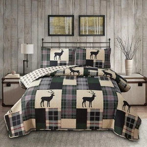 3pcs Breathable Lightweight Christmas Plaid Lodge Quilt Set Full/Queen Size I... - Picture 1 of 7
