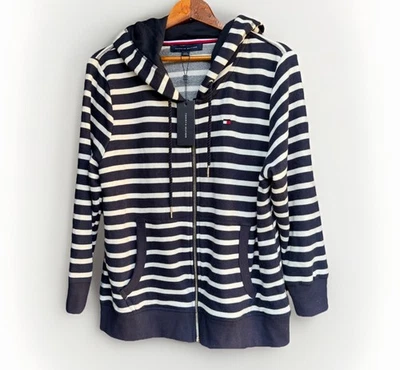 Tommy Hilfiger Women Full Zip Hoodie Hooded Sweat Jacket Blue Striped L New - Image 1 of 4