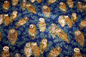 OWLS ON EVERGREEN BOUGHS ON DARK BLUE FROM HOFFMAN - 100% COTTON FABRIC - Picture 1 of 5