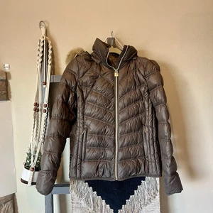 Michael Kors Women's Brown Zip Up Hooded Puffer Down Jacket Size M - Picture 1 of 6