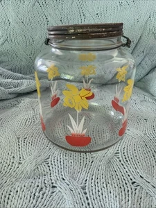 Antique Hoosier Style Glass Jar Wood Handle Metal Lid One Gal Flower Daffodil - Picture 1 of 8