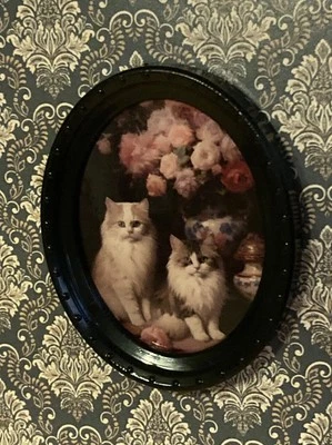 1/12 Dollhouse Miniature Victorian Black Framed Portrait Of Two Cats Picture - Image 1 of 4