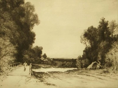 Gravura em ponto seco assinada a lápis John Fullwood; Littleton Ford, Surrey 1905 - Imagem 1 de 4