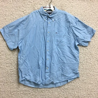Camisa De Colección Tommy Hilfiger Abotonada Extra Grande Hombres Azul Lino Manga Corta Foto 1 de 4