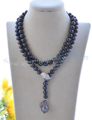 Collar colgante de perlas barrocas Keshi de perlas de agua dulce redondas negras naturales de 9-10 mm Foto 1 de 4