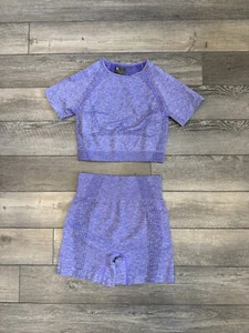 NWT Women Seamless Purple Yoga FitnessWear Workout Cycling Shorts Crop Top Set M - Picture 1 of 4