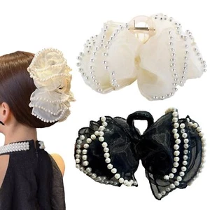 2Pcs Chiffon Bow Pearl Hair Claw Clip for Thick Hair Oversized Bowknot Claw C... - Picture 1 of 6