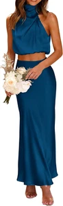 PRETTYGARDEN Women'S 2 Piece Satin Outfits Summer Sleeveless Mock Neck Crop Tops - Picture 1 of 12