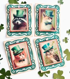 Set of 4 Handmade St Patrick’s Day Fancy Irish Critters #3 Greeting Cards - Picture 1 of 2