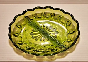 VINTAGE Avocado Green Glass Divided Relish Dish FAIRFIELD by Anchor Hocking 1967 - Picture 1 of 9