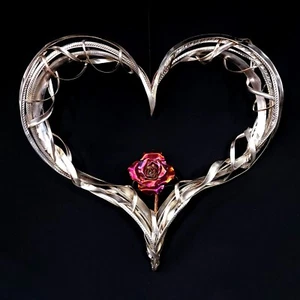Silber Metall Wandbild Herz #1622 einzelne Rose Valentinstag Jahrestag Geschenk - Bild 1 von 11