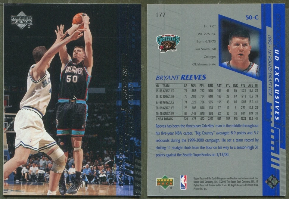 2000-01 Upper Deck UD Exclusives #177 Bryant Reeves Vancouver Grizzlies 219/500 - Image 1 of 1