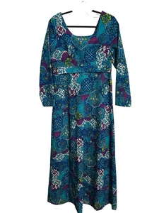 Pacific Isles Of Hawaii Long Sleeve Blue Vintage Maxi Dress - Picture 1 of 13