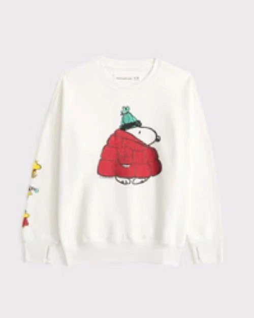 Abercrombie Kids Peanuts Snoopy Puffer Long Sweatshirt Pullover Cream Unisex 5/6 - Image 1 of 1