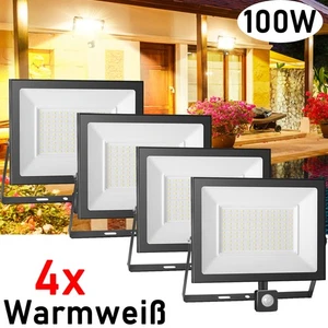 4x 100W LED Fluter mit Bewegungsmelder Außen Strahler Warmweiß Garten Flutlicht - Bild 1 von 8