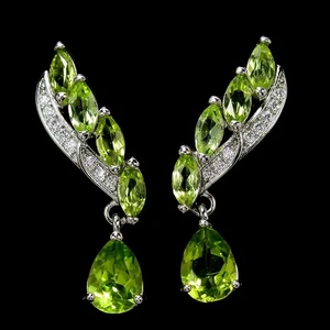 GENUINE AAA GREEN PERIDOT PEAR & WHITE CZ STERLING 925 SILVER DANGLE EARRING - Picture 1 of 6